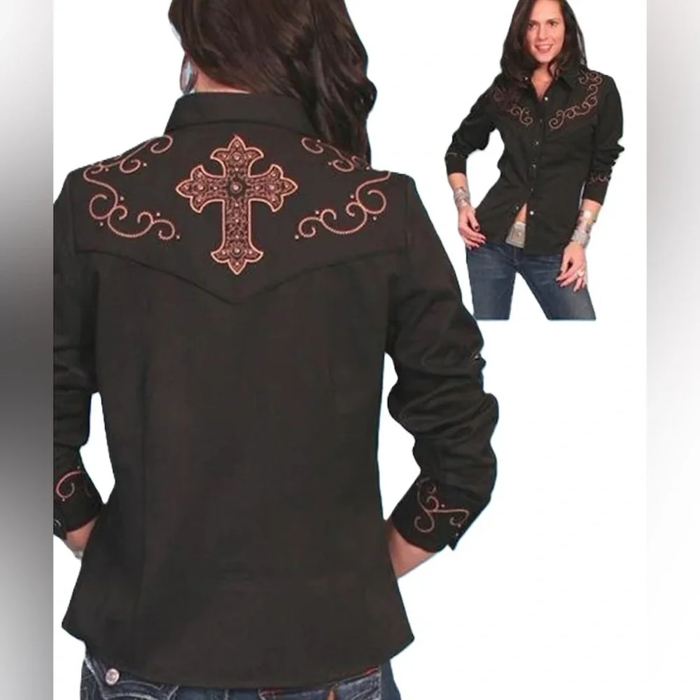 SOLD Scully embroidered pearl snap western long sleeve black womens shirt Small - Picture 2 of 14